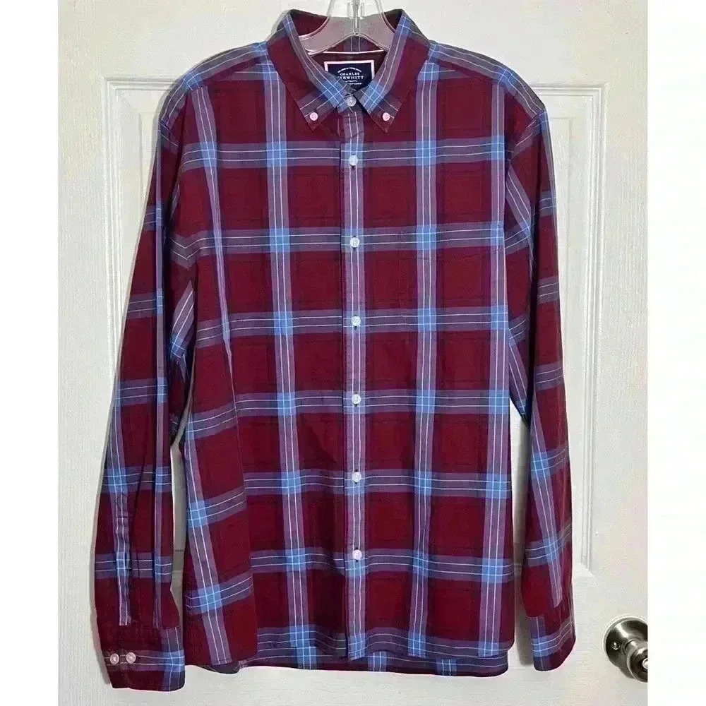 CHARLES TYRWHITT Burgundy and Blue Men’s long sleeve button down | size large